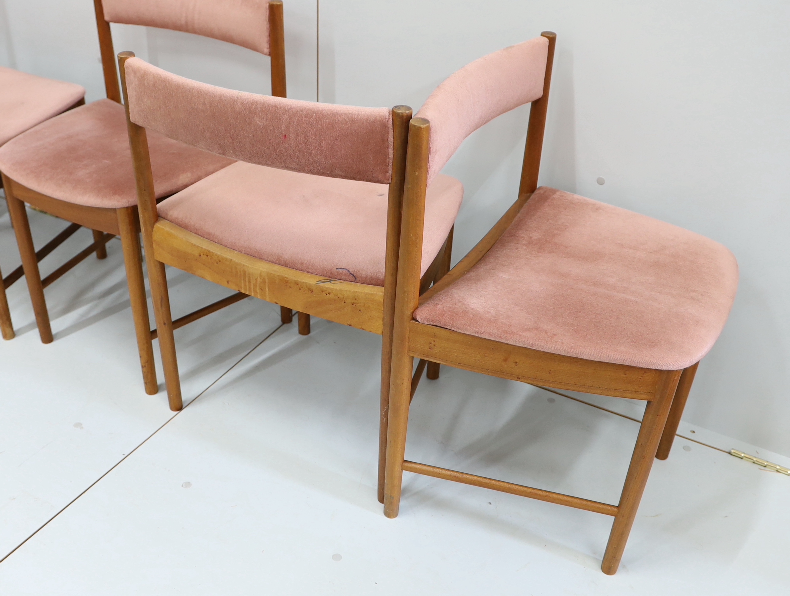 A set of six mid century teak dining chairs, width 49cm, depth 41cm, height 71cm
